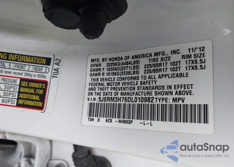 2013 Honda Cr-V Ex-L z USA, uszkodzony, nr VIN 5J6RM3H76DL010982